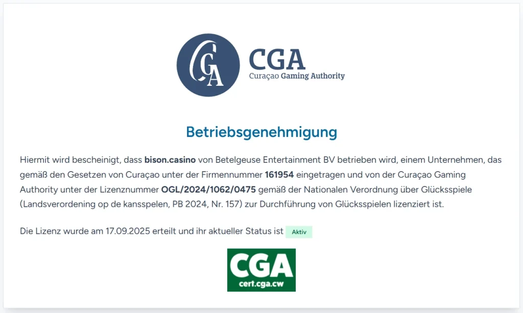 Bison Casino Curaçao Gaming Authority Lizenz mit Betriebsgenehmigung und Lizenzdetails