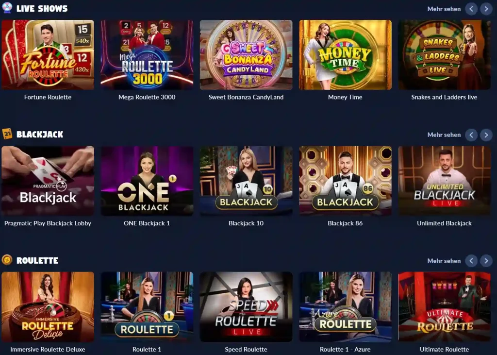 Bison Casino Live Casino Bereich mit Roulette und Blackjack Spielen Übersicht