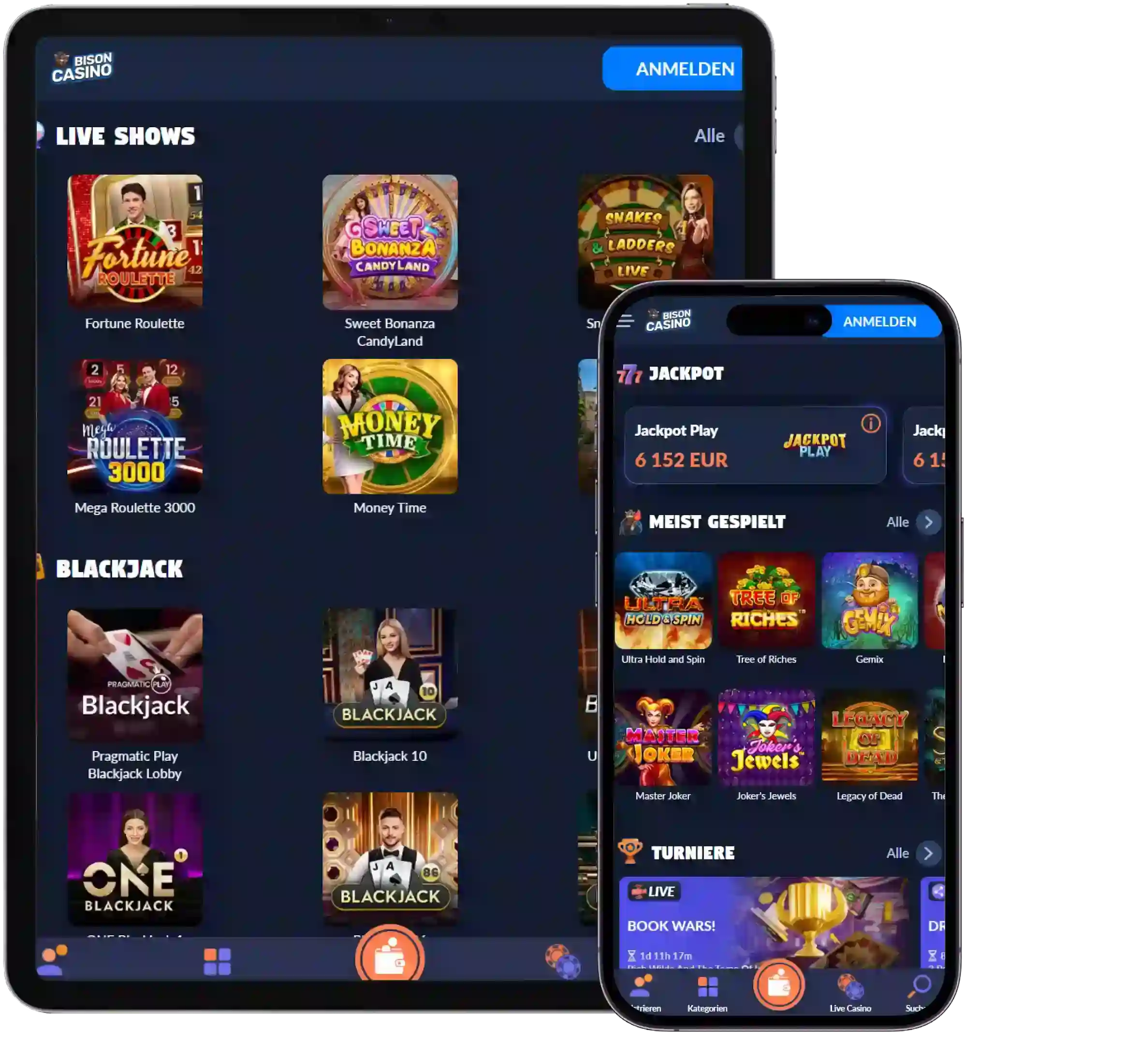 Bison Casino mobile Ansicht auf Tablet und Smartphone mit Live Casino und Spielautomaten Übersicht