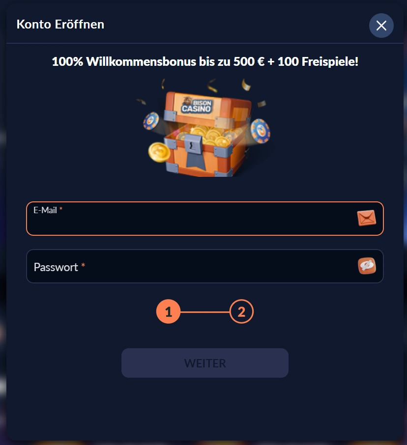 Bison Casino Registrierung Formular mit Willkommensbonus und Freispiele Angebot