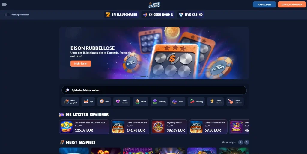 Bison Casino Startseite mit Spielautomaten Lobby Suche und Gewinner Übersicht