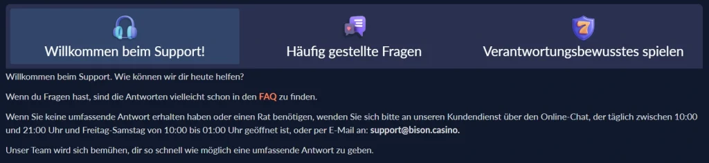 Bison Casino Support Bereich mit Live Chat FAQ und verantwortungsbewusstem Spielen