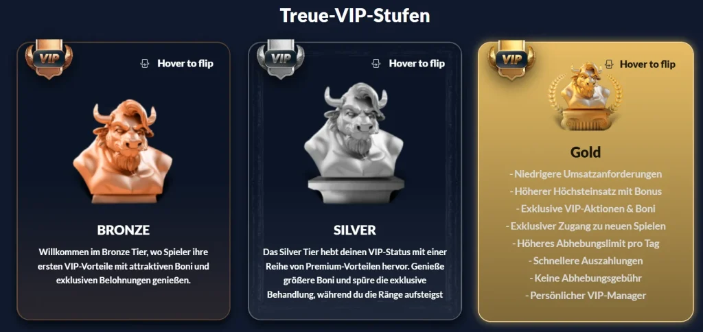 Bison Casino VIP Stufen Bronze Silver Gold mit Vorteilen und Belohnungen Übersicht