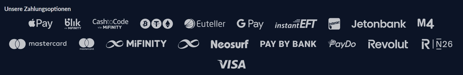 Bison Casino Zahlungsoptionen mit Visa Mastercard Krypto und E Wallets Übersicht